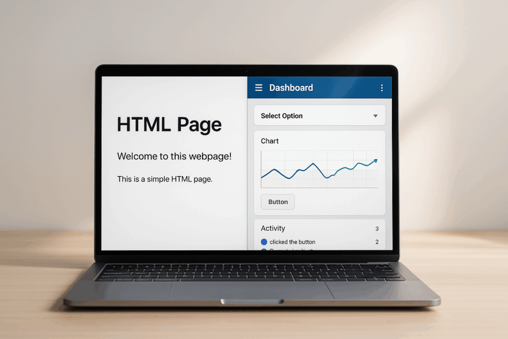 Comparaison entre une page HTML statique et une page web dynamique sur un ordinateur portable à la lumière du jour