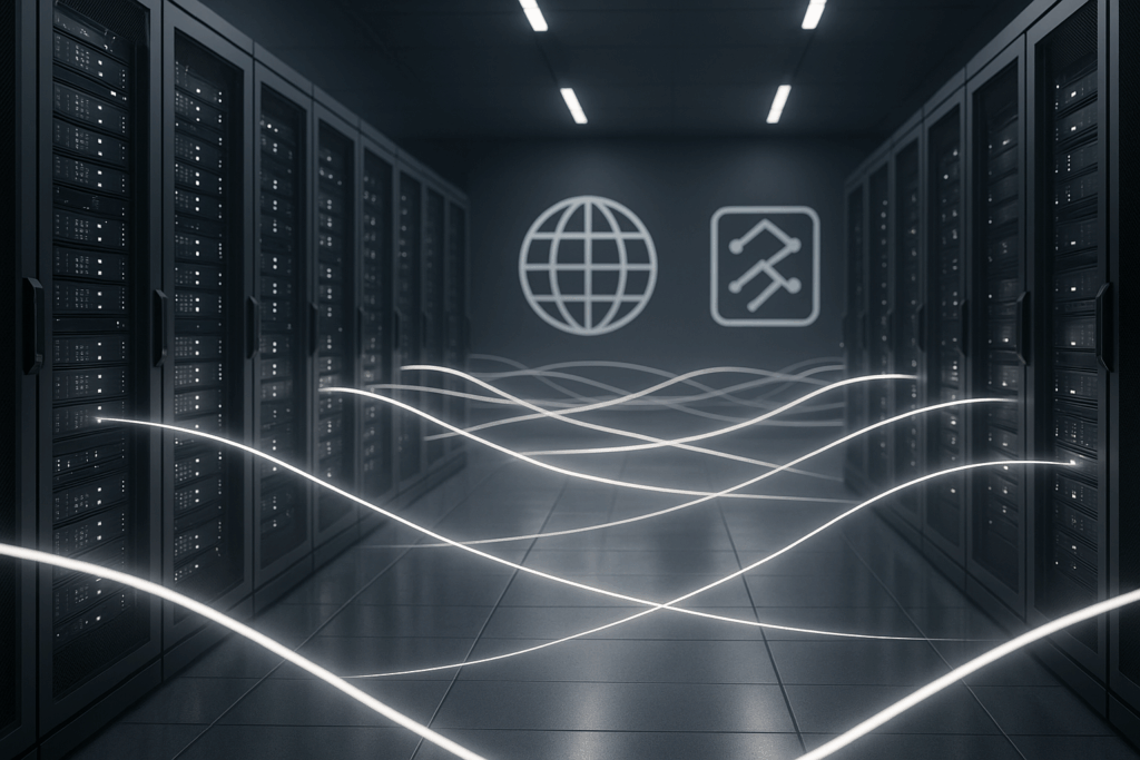 Racks de serveurs dans un centre de données avec échange de données et icônes HTTP.