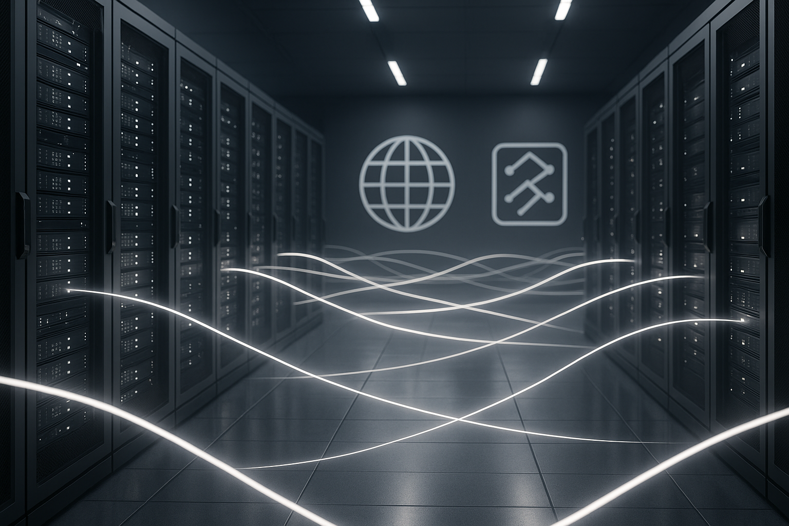 Racks de serveurs dans un centre de données avec échange de données et icônes HTTP.