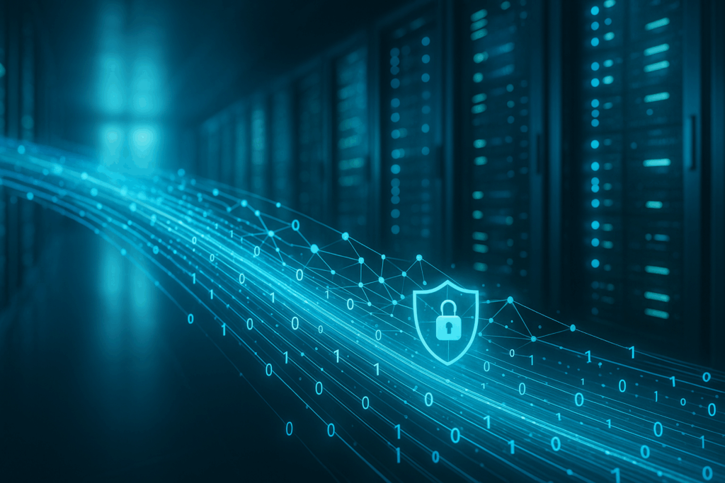 Un rack de serveurs et des flux de données futuristes comme symbole d'un hébergement HTTP/3 rapide et sûr