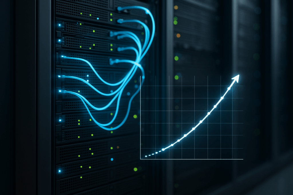 Rack de serveurs moderne avec connexions réseau lumineuses et courbe de performance
