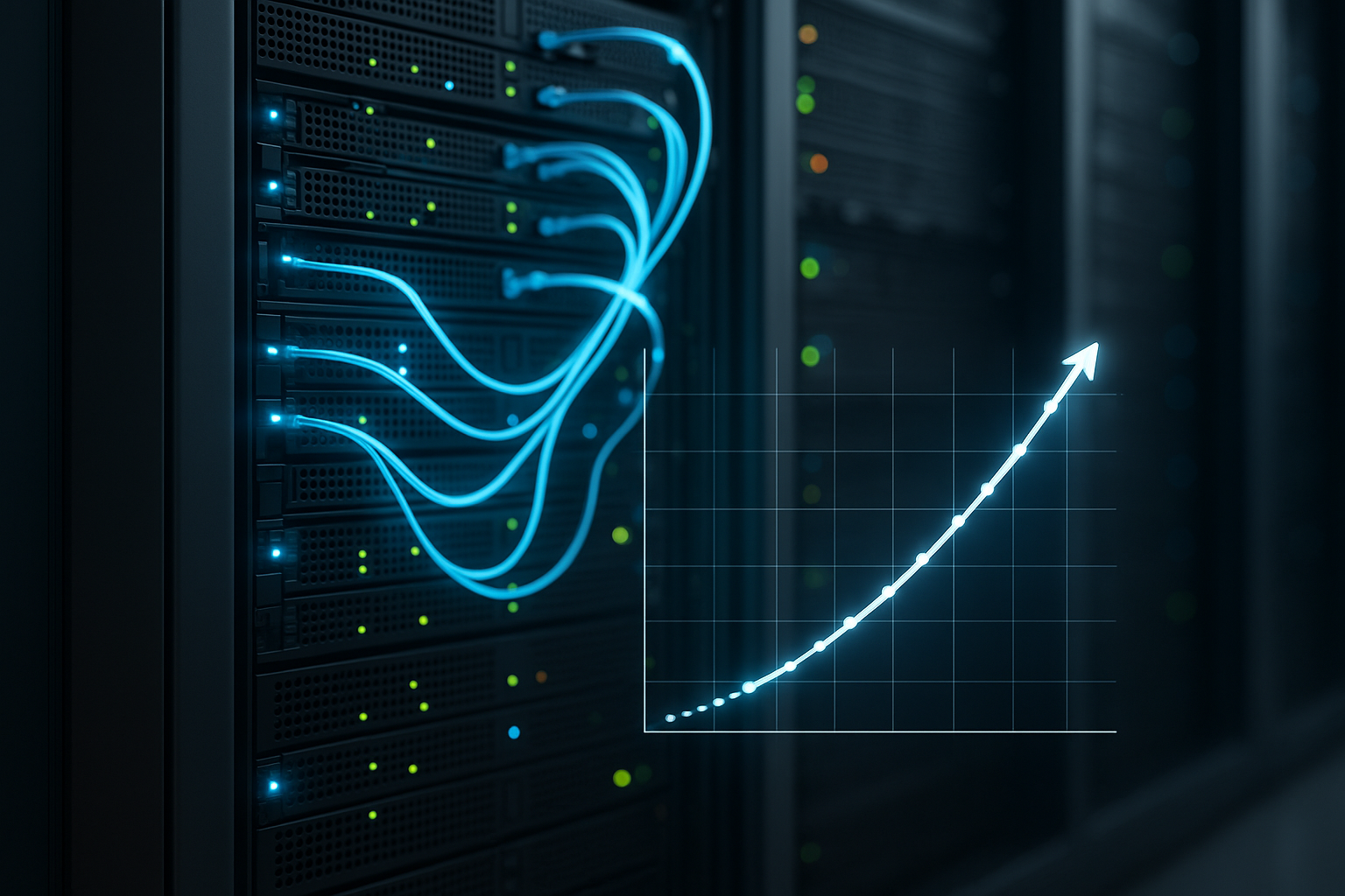 Rack de serveurs moderne avec connexions réseau lumineuses et courbe de performance
