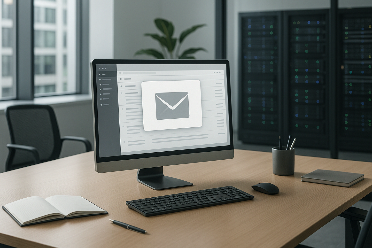 Mail Hosting 2025 : un lieu de travail moderne avec des serveurs et une communication numérique