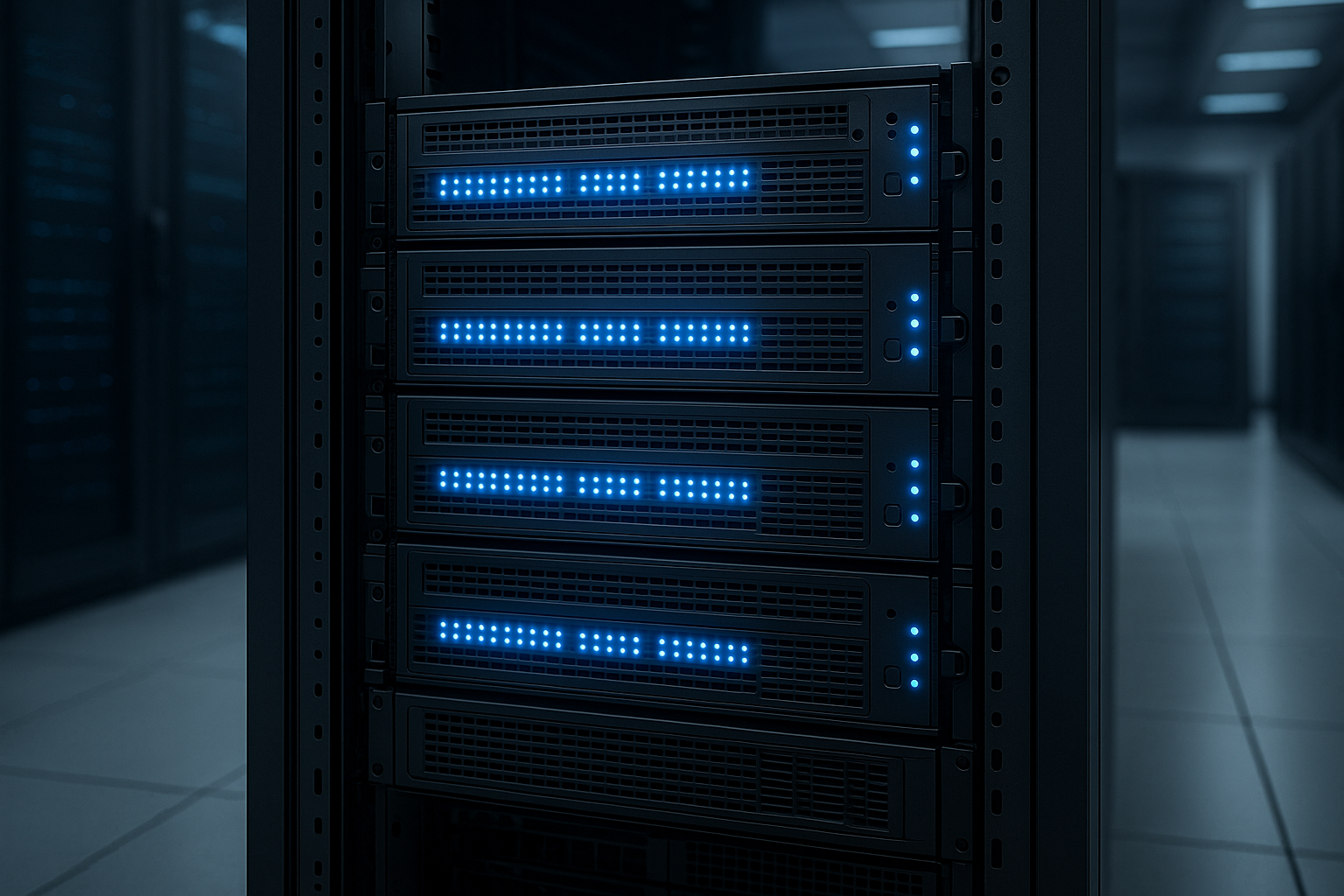 Managed vServer moderne avec un refroidissement efficace et des racks de serveurs brillants dans le centre de données