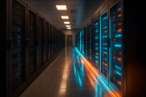 Un centre de données moderne symbolise le passage du monolithe aux microservices.