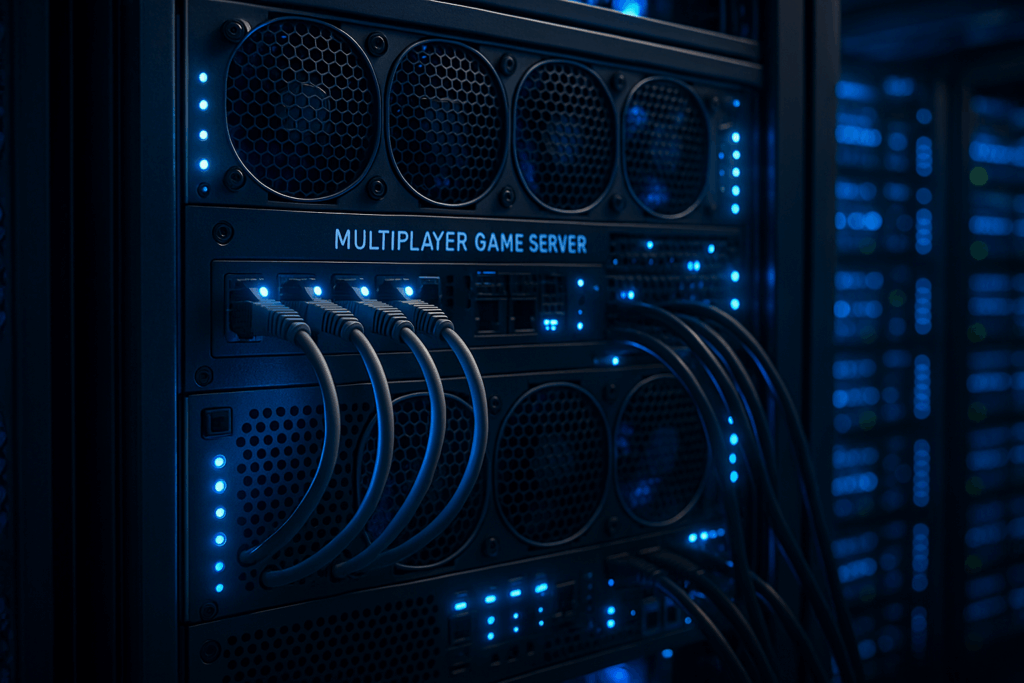 Configuration moderne de serveur de jeu multijoueur dans le centre de données avec lumières LED
