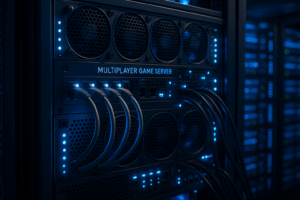 Configuration moderne de serveur de jeu multijoueur dans le centre de données avec lumières LED