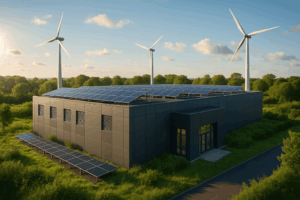 Un centre de données moderne au vert avec des panneaux solaires et des éoliennes
