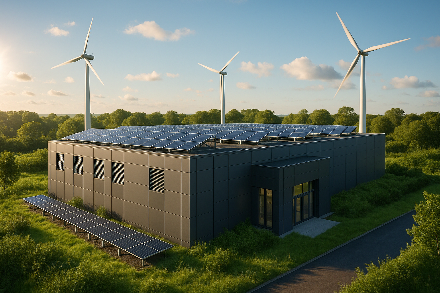 Un centre de données moderne au vert avec des panneaux solaires et des éoliennes
