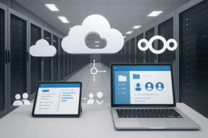 Centre de données allemand moderne avec symboles cloud et éléments Nextcloud