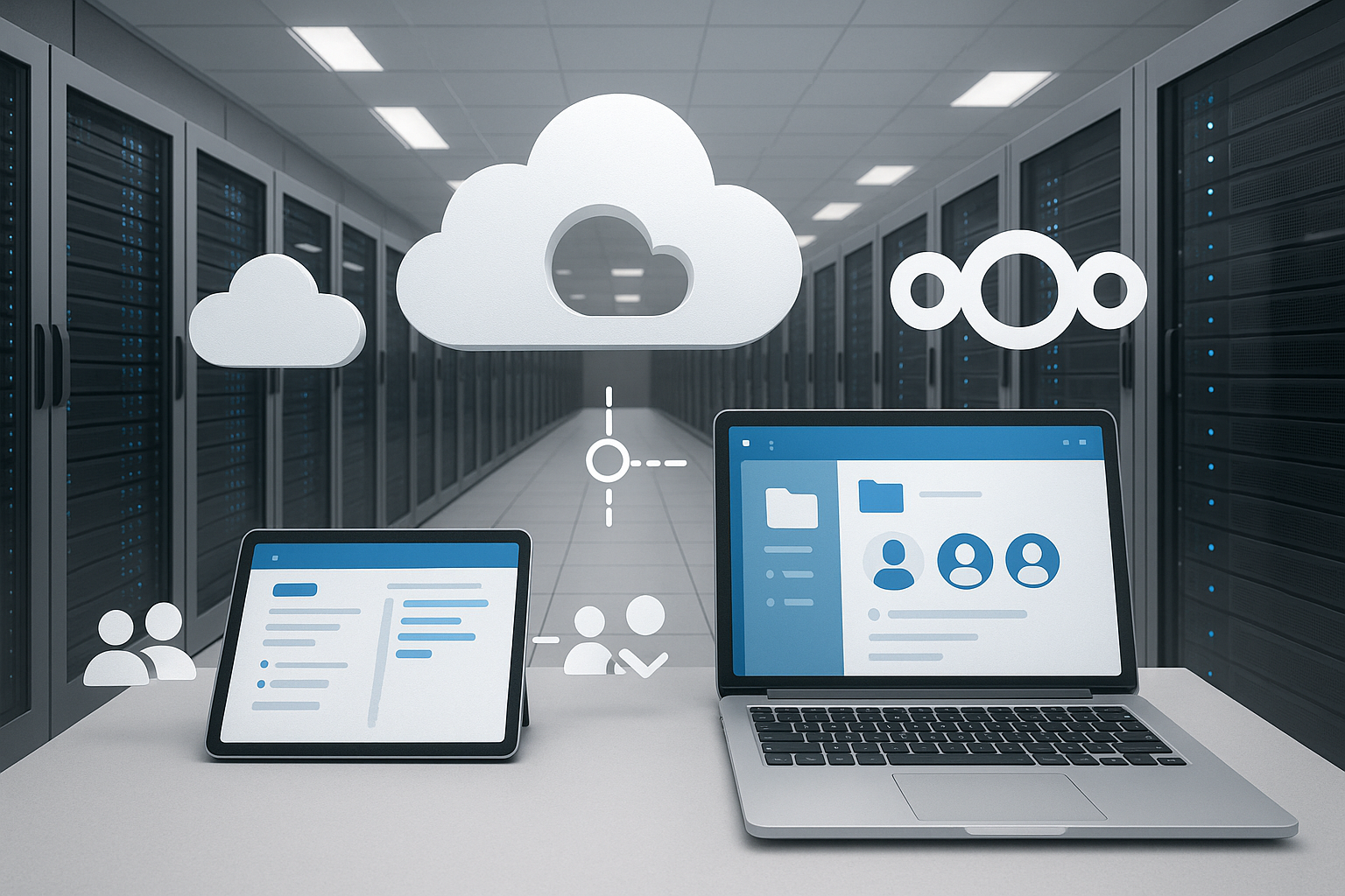 Centre de données allemand moderne avec symboles cloud et éléments Nextcloud