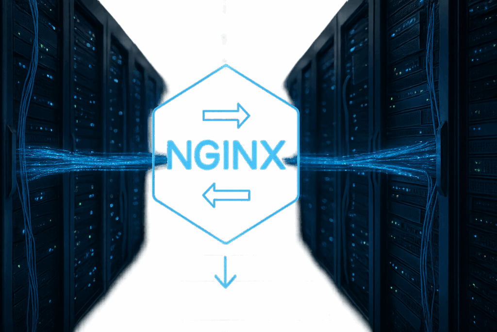 Serveur web NGINX avec redirections d'URL et connexions réseau dans une salle de serveurs moderne