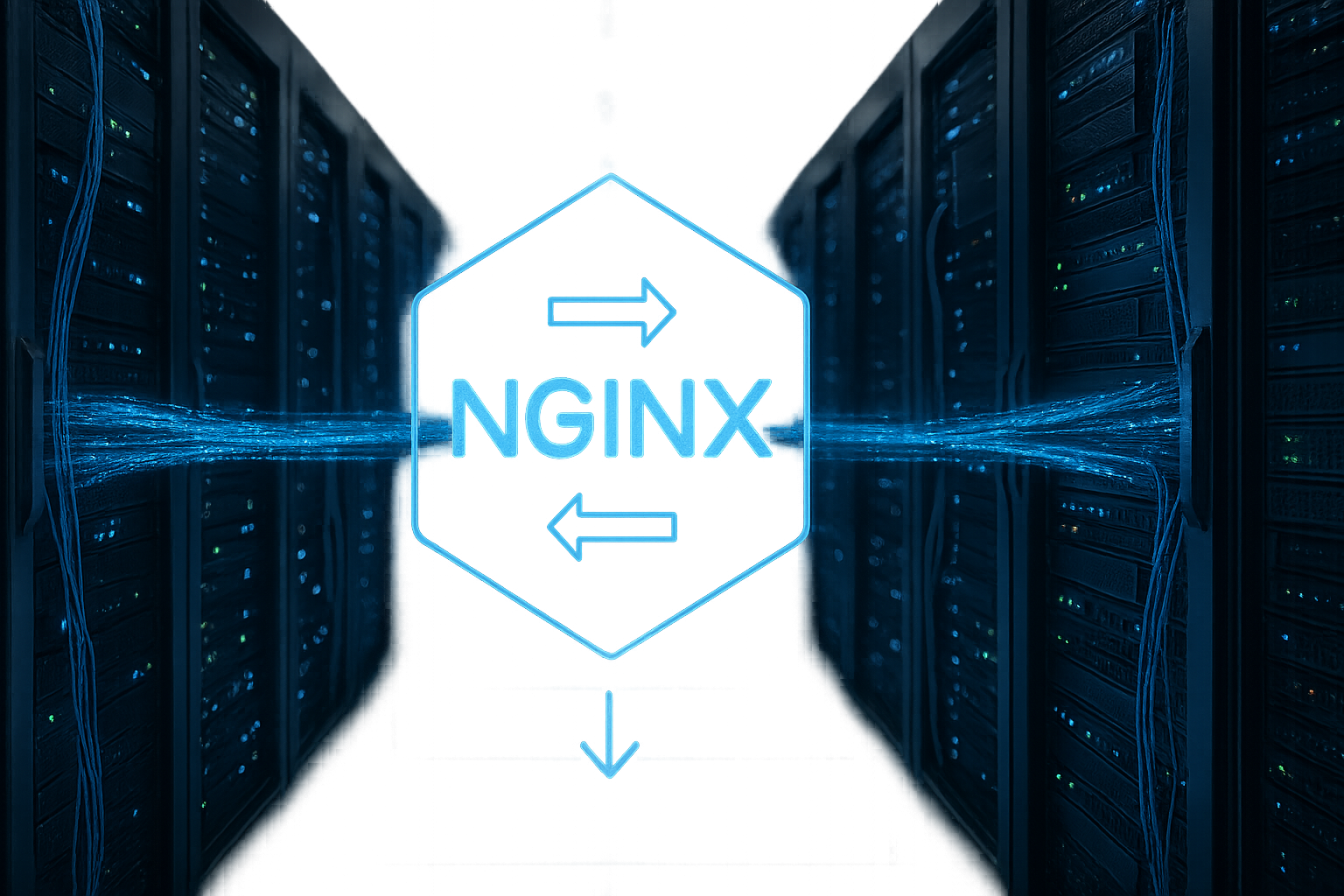 Serveur web NGINX avec redirections d'URL et connexions réseau dans une salle de serveurs moderne
