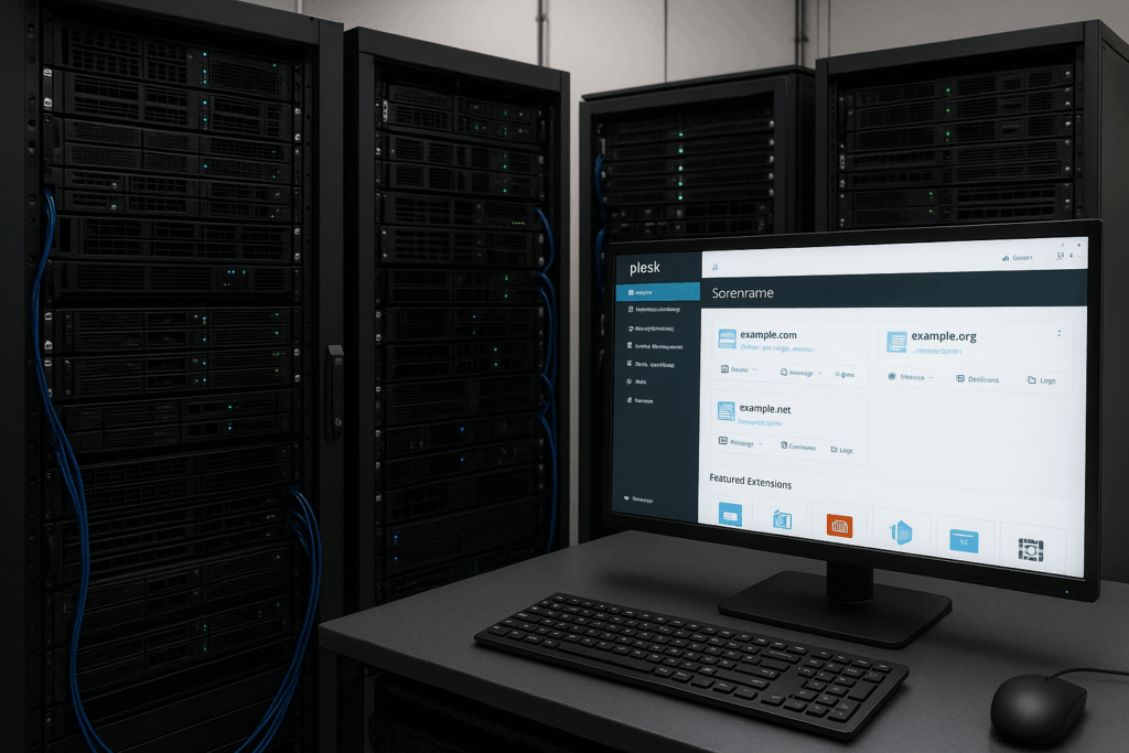 Salle de serveurs avec moniteurs modernes et interface Plesk pour l'hébergement web