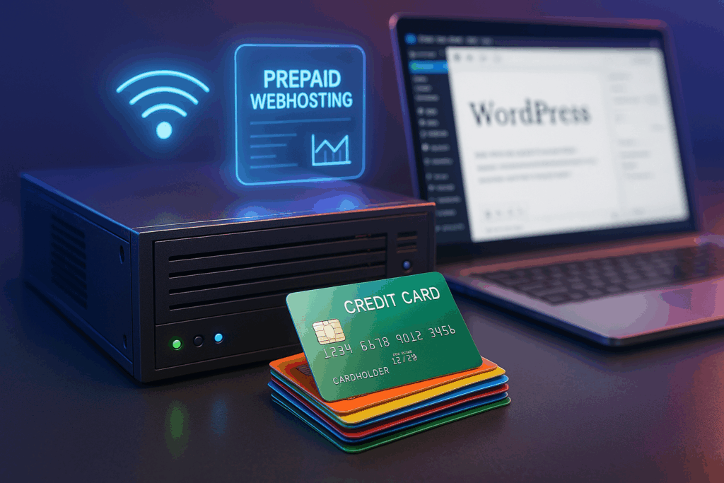 Serveur avec des icônes de cartes prépayées colorées pour un hébergement web flexible