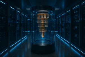 Centre de données futuriste avec ordinateur quantique et racks de serveurs
