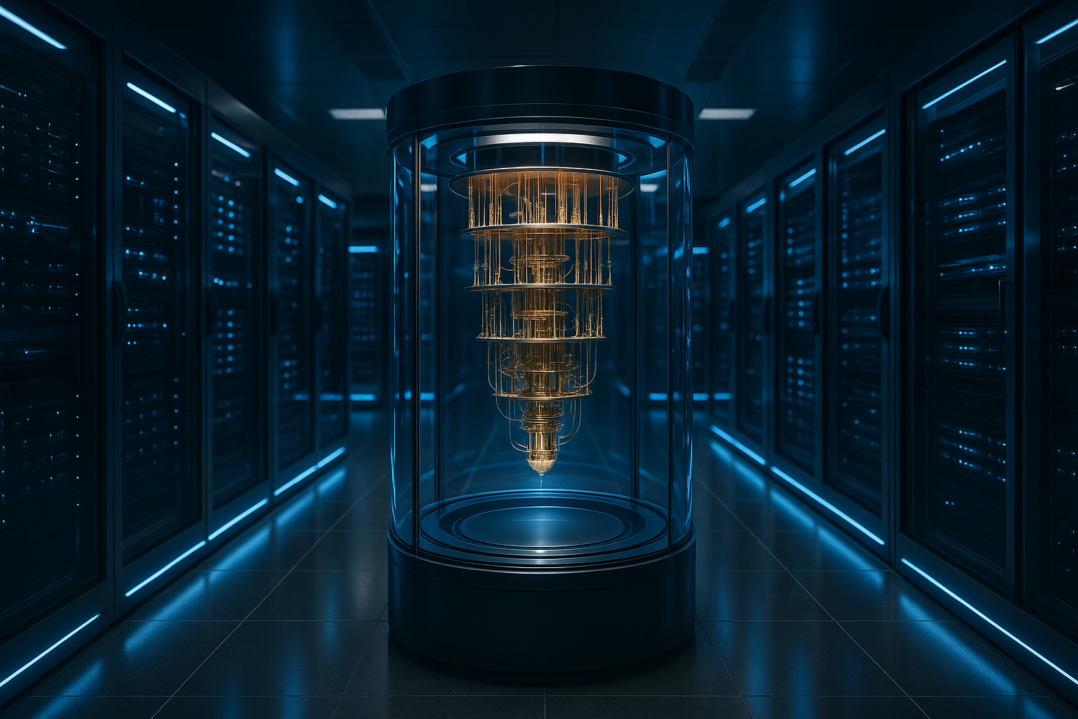 Centre de données futuriste avec ordinateur quantique et racks de serveurs