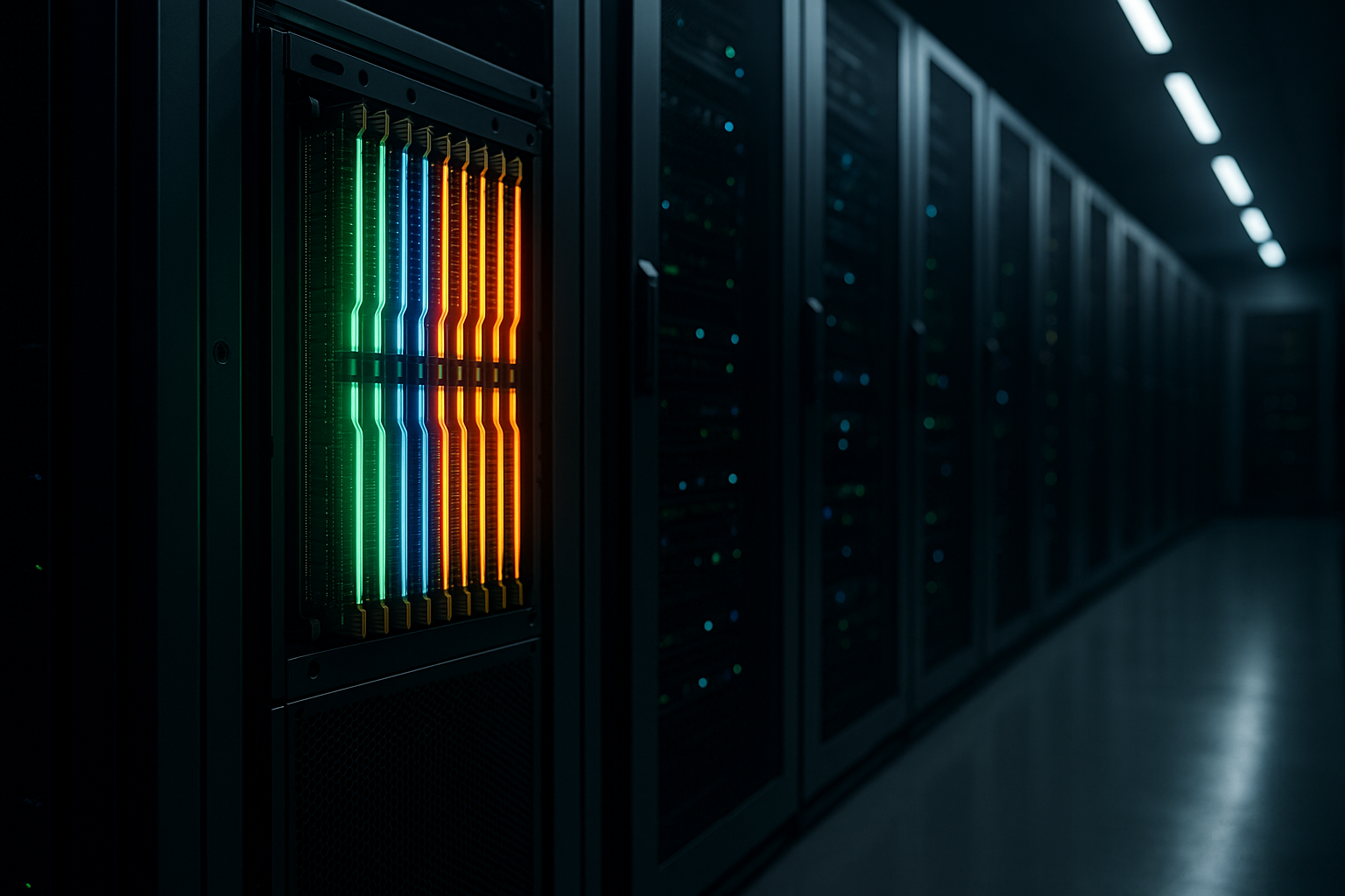 Centre de données avec serveurs et modules de RAM actifs