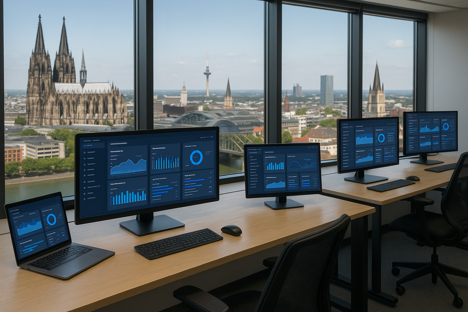 Tableau de bord d'hébergement moderne au bureau avec vue sur la ville allemande