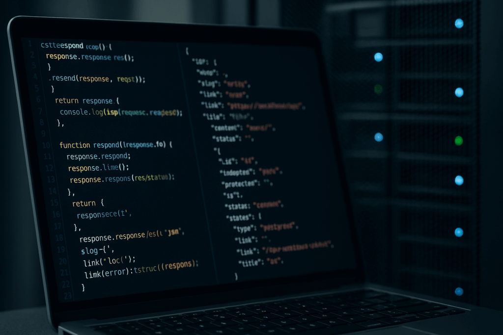 Ordinateur portable avec requêtes API REST WordPress devant des armoires de serveurs, focalisation sur la sécurité numérique