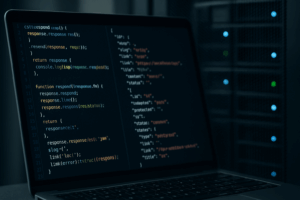 Ordinateur portable avec requêtes API REST WordPress devant des armoires de serveurs, focalisation sur la sécurité numérique