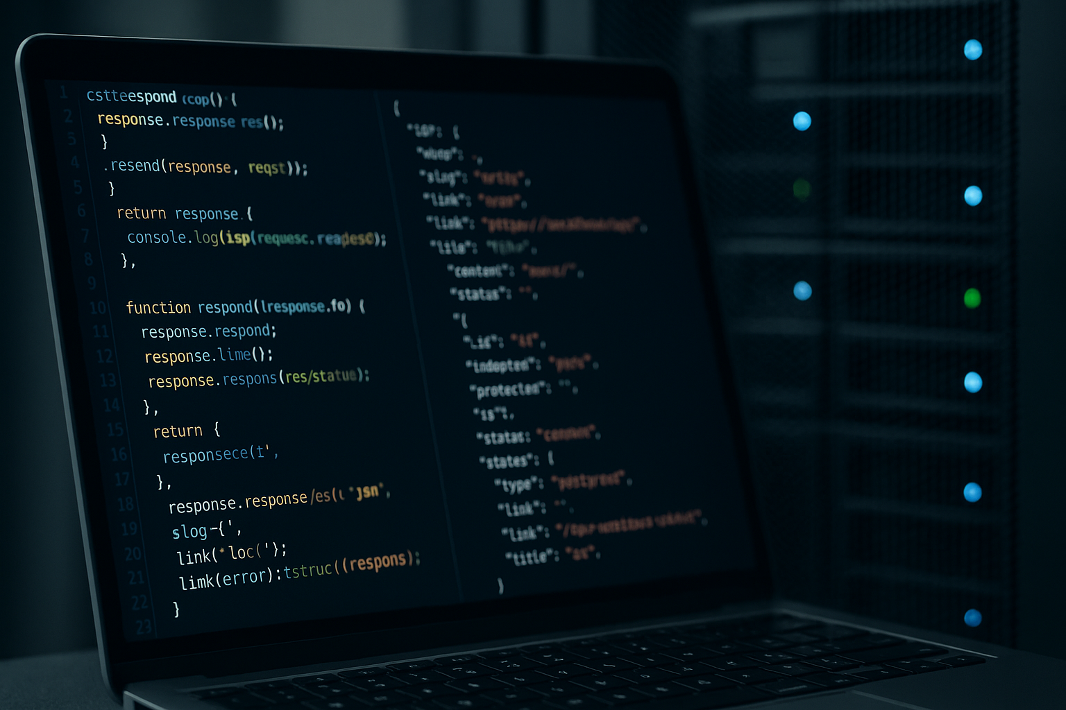 Ordinateur portable avec requêtes API REST WordPress devant des armoires de serveurs, focalisation sur la sécurité numérique