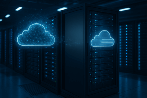 Salle de serveurs avec racks de serveurs modernes, nuages de données symboliques et séparation claire entre vServer et Root Server.