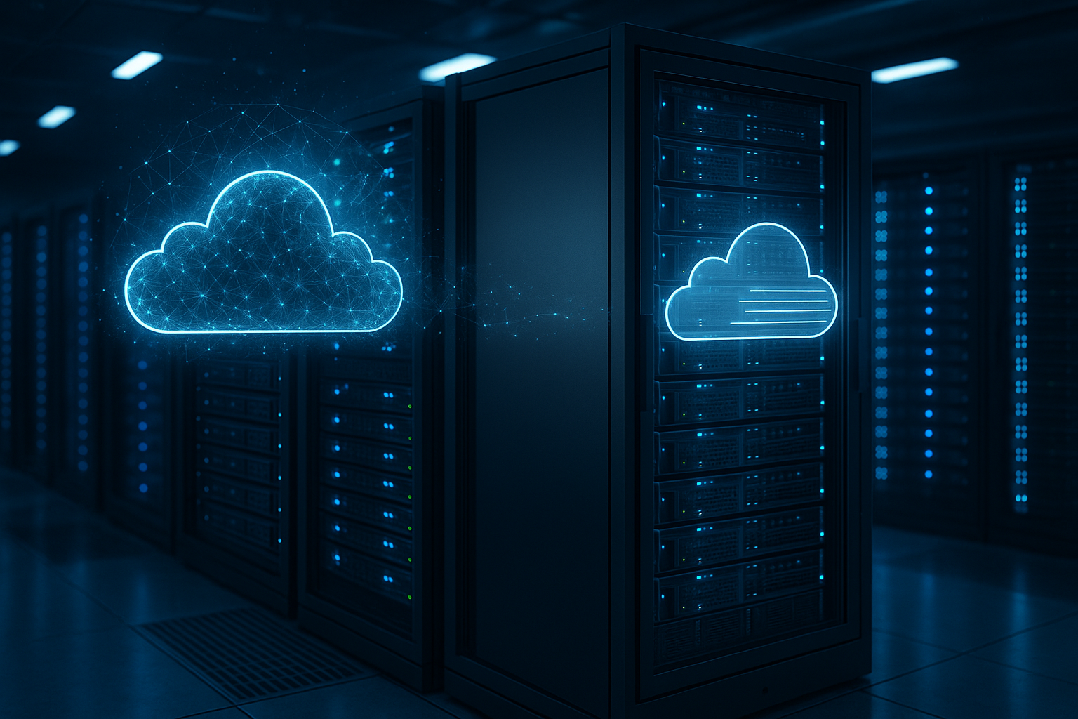 Salle de serveurs avec racks de serveurs modernes, nuages de données symboliques et séparation claire entre vServer et Root Server.