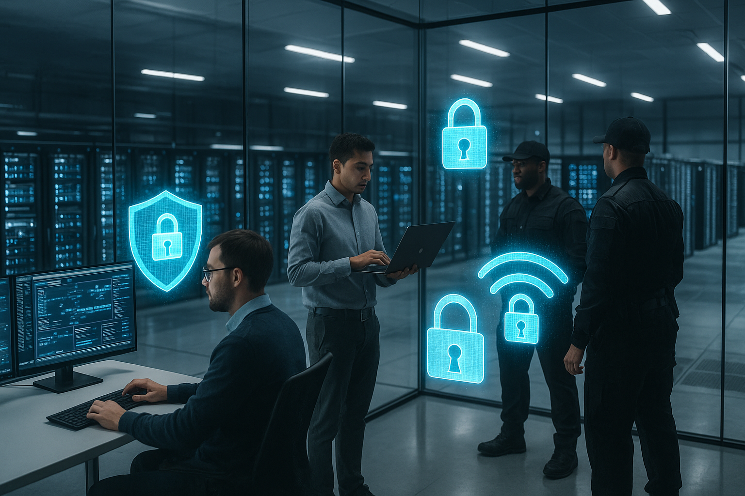 Centre de données moderne avec équipes de sécurité et surveillance
