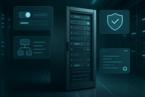 Rack de serveurs moderne dans un centre de calcul avec interface de tableau de bord abstraite