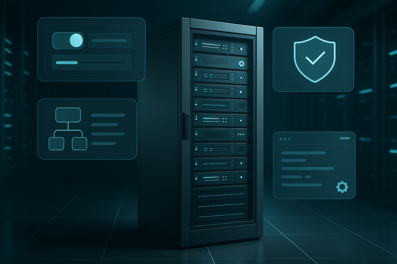 Rack de serveurs moderne dans un centre de calcul avec interface de tableau de bord abstraite