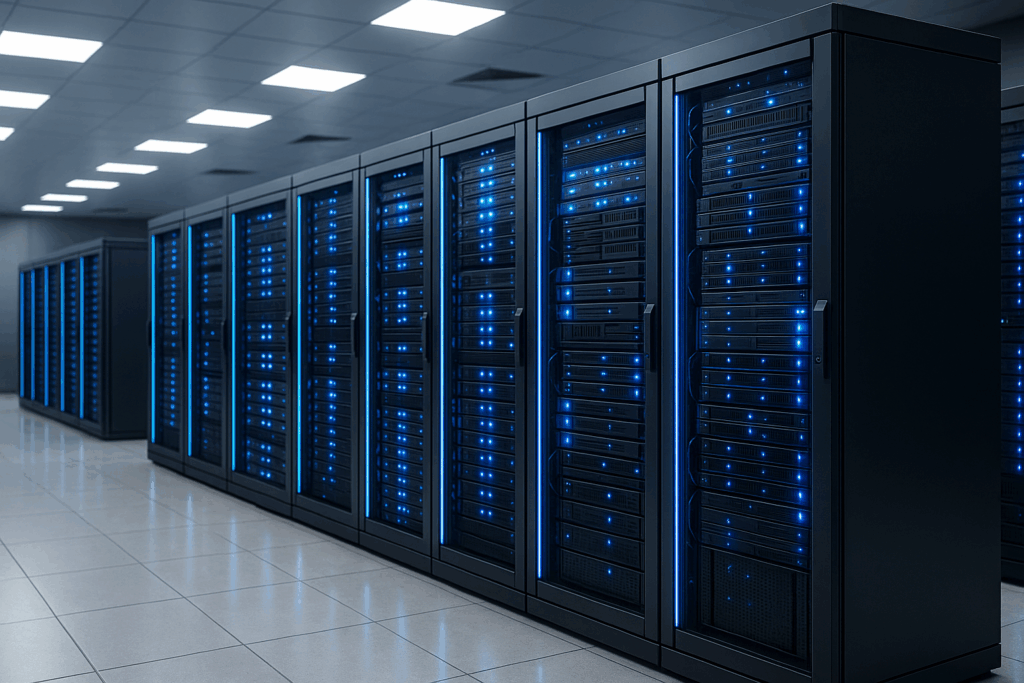 Racks de serveurs modernes avec lumière LED bleue dans un centre de données high-tech pour l'optimisation du SLA