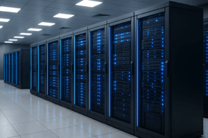 Racks de serveurs modernes avec lumière LED bleue dans un centre de données high-tech pour l'optimisation du SLA