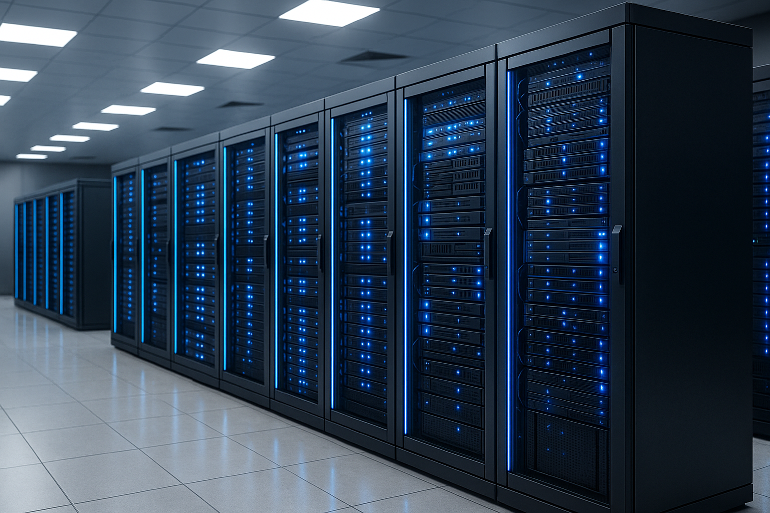 Racks de serveurs modernes avec lumière LED bleue dans un centre de données high-tech pour l'optimisation du SLA