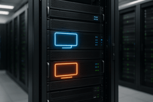 Centre de calcul avec racks de serveurs pour serveurs V et serveurs racine