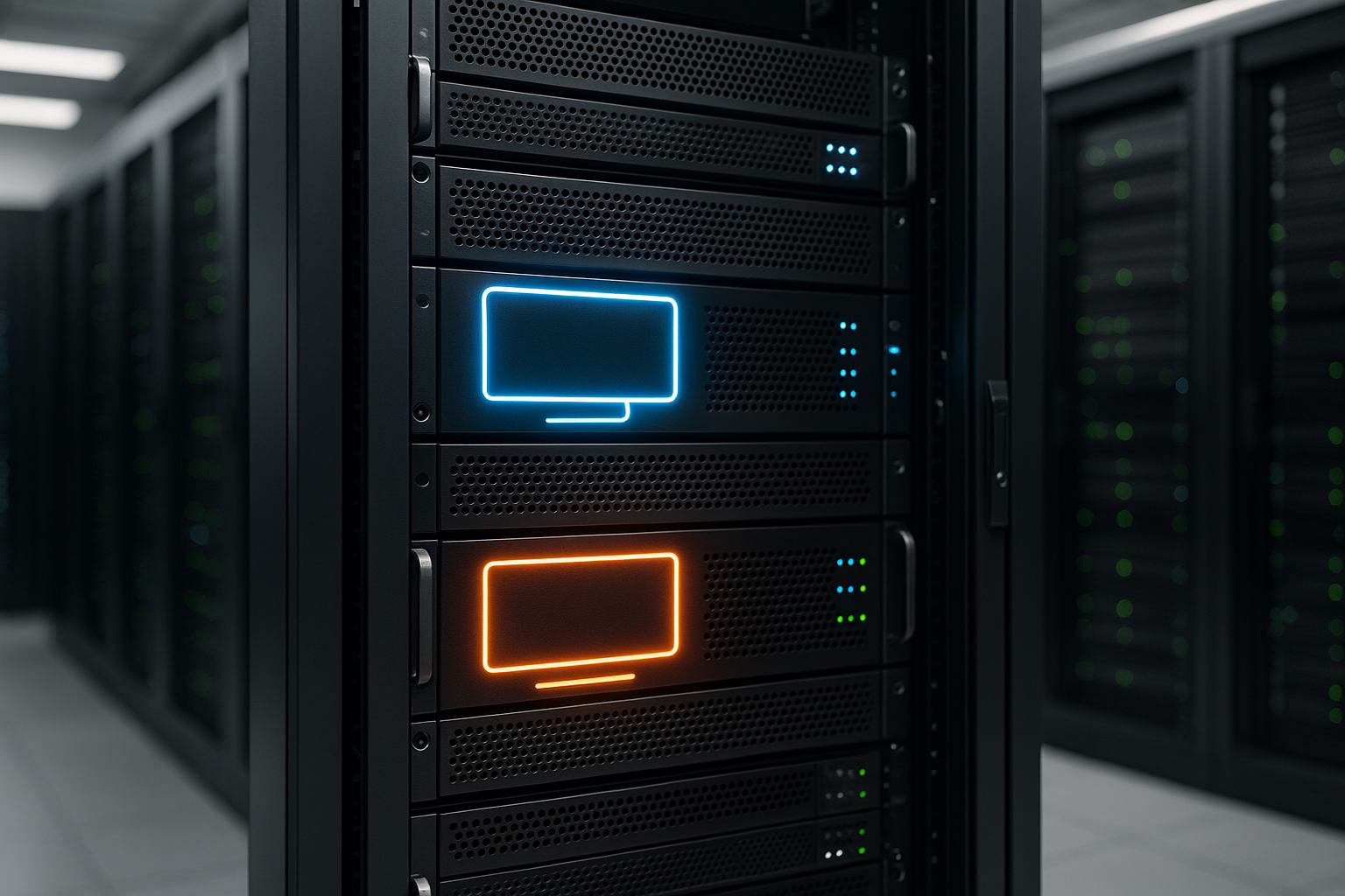 Centre de calcul avec racks de serveurs pour serveurs V et serveurs racine