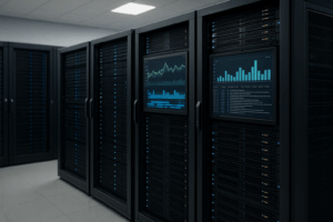 Salle de serveurs avec analyse centralisée des logs et tableau de bord