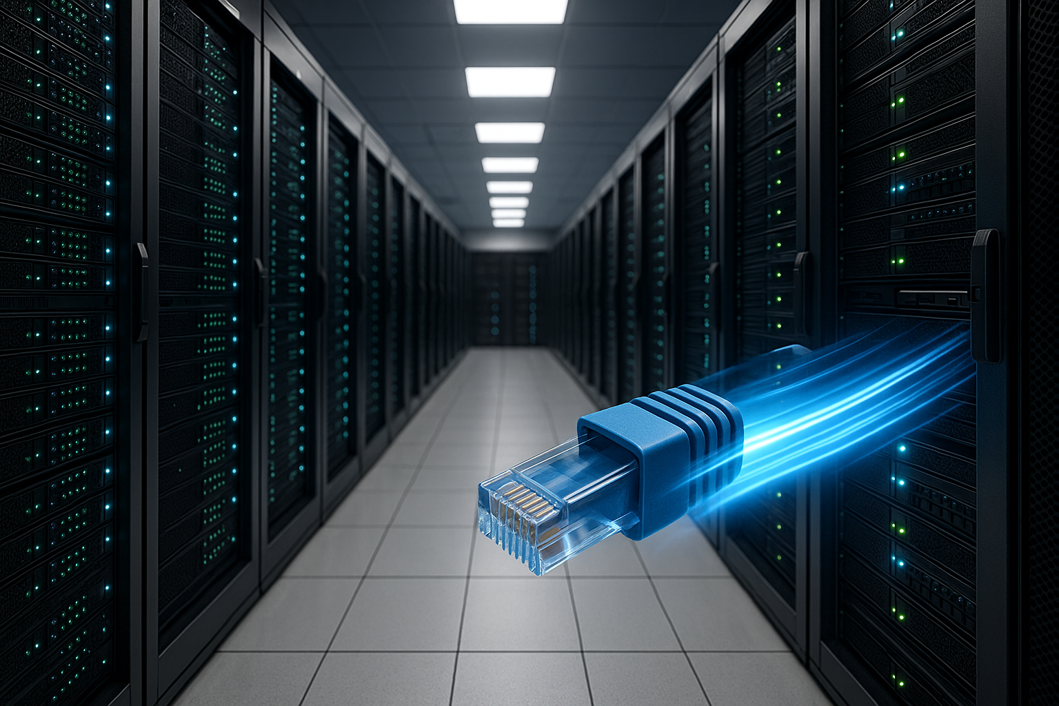 Salle de serveurs avec connexions réseau rapides et mesures de sécurité élevées.