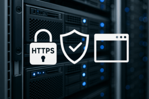 Serveur web avec icônes pour HTTPS, sécurité et navigateur pour afficher les en-têtes de sécurité.