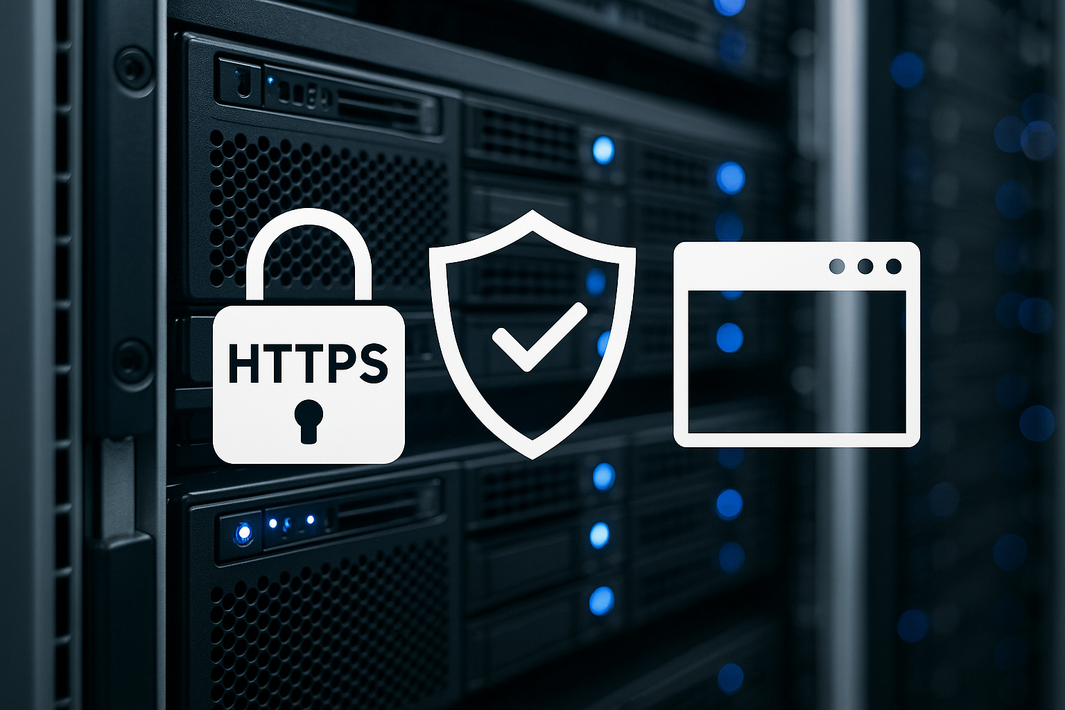 Serveur web avec icônes pour HTTPS, sécurité et navigateur pour afficher les en-têtes de sécurité.