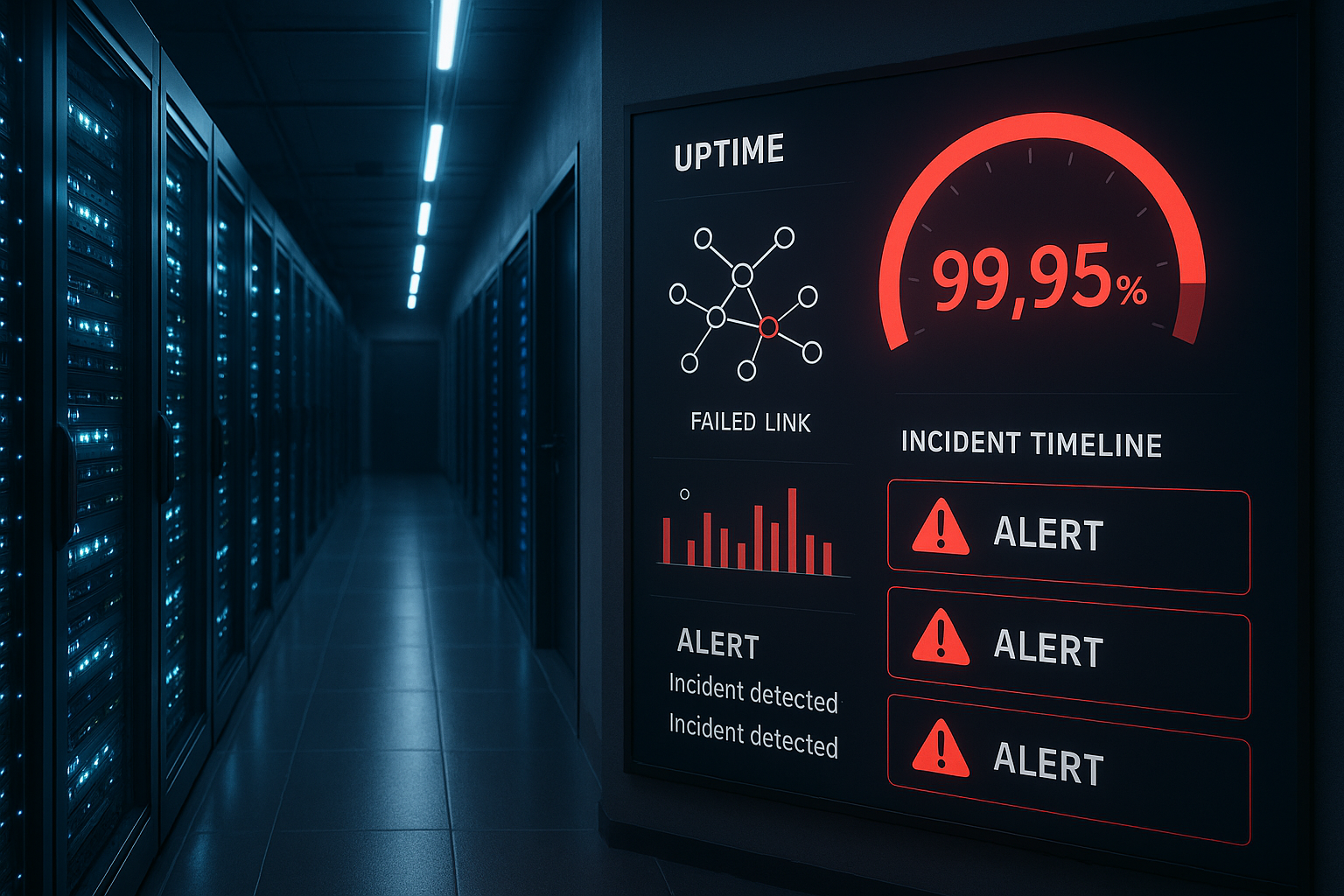 Visualisation d'une rupture de SLA dans l'hébergement : racks de serveurs, affichage de l'uptime inférieur à 99,99 %, alertes rouges et connexion réseau perturbée.