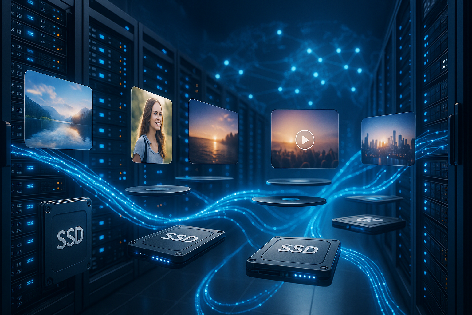 Salle de serveurs avec SSD et CDN pour les grands sites de médias