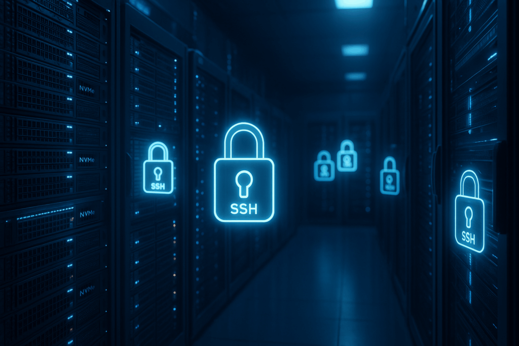 Salle de serveurs moderne avec disques SSD NVMe et lumières bleues pour l'hébergement SSH