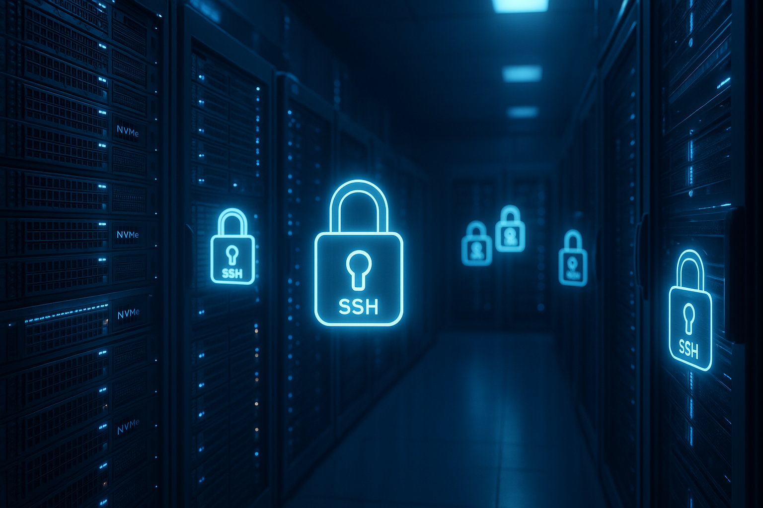 Salle de serveurs moderne avec disques SSD NVMe et lumières bleues pour l'hébergement SSH