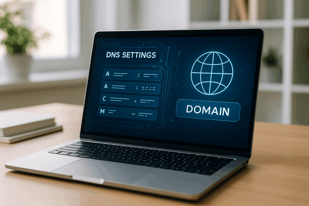 Ordinateur portable avec les paramètres DNS ouverts pour la connexion externe d'un domaine Strato