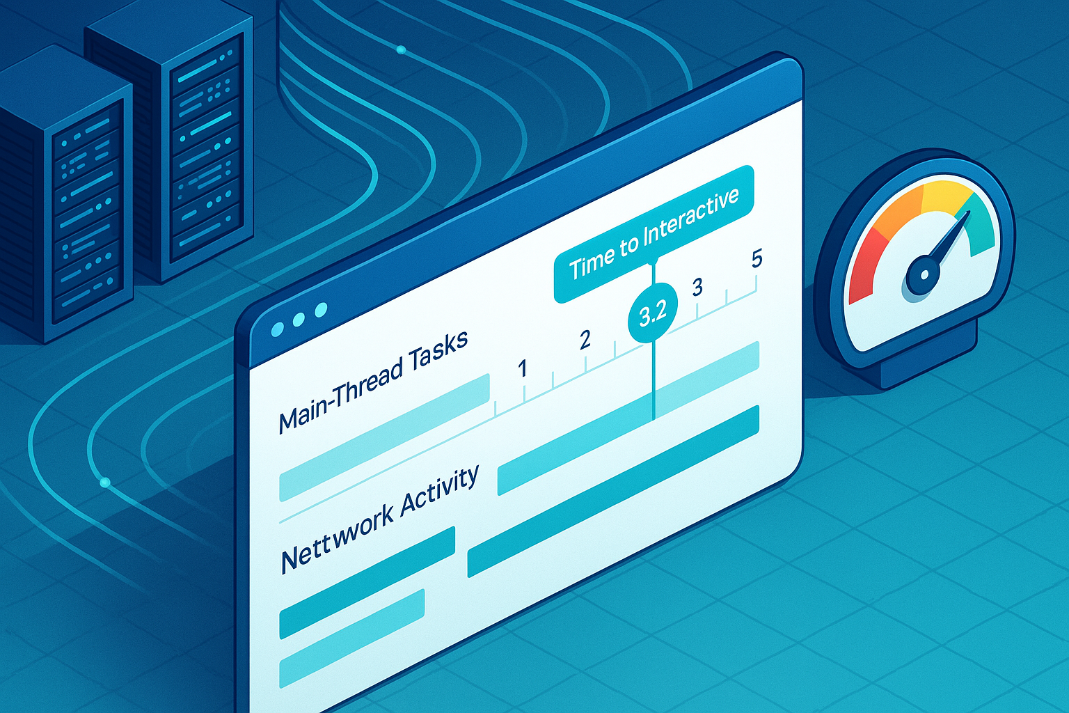 graphique : Time to Interactive (TTI) dans le processus de chargement d'un site web avec représentation du serveur et du Main-Thread