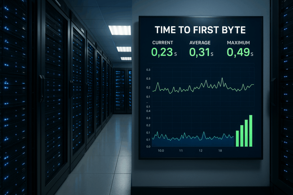 Salle de serveurs avec tableau de bord pour l'analyse Time to First Byte (TTFB) et l'hébergement web