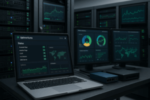 Salle de serveurs avec moniteurs pour les outils de surveillance de la durée de fonctionnement et tableau de bord pour ordinateur portable
