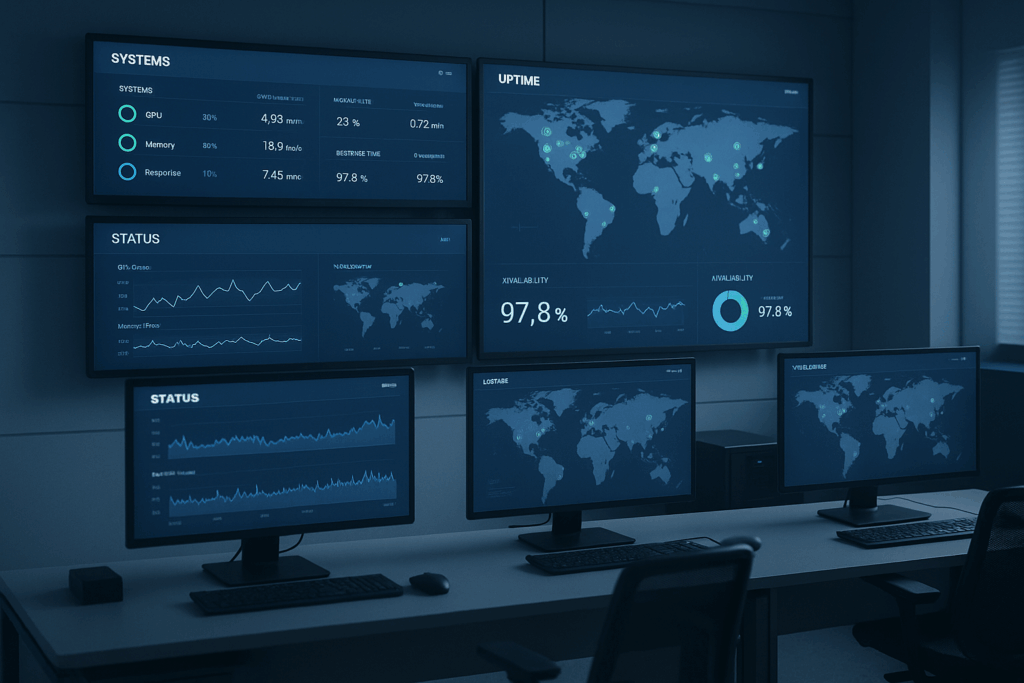 Centre de contrôle avec des moniteurs pour les outils de surveillance du temps de fonctionnement et des indicateurs d'état globaux