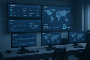 Centre de contrôle avec des moniteurs pour les outils de surveillance du temps de fonctionnement et des indicateurs d'état globaux